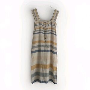 Prelude Maxi Dress S/XS*Striped Linen Button Sleeveless Straps Square Shift Slit